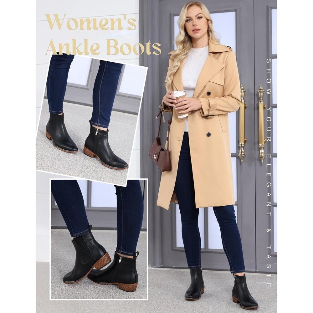 Women's Black Ankle Boots Mid-height Heels Chelsea Zipper Dressy Booties - Picture 2 of 7